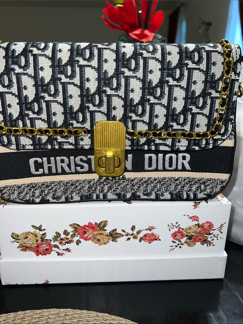 Blue & Cream Logo Canvas Shoulder Bag with Gold Hardware
